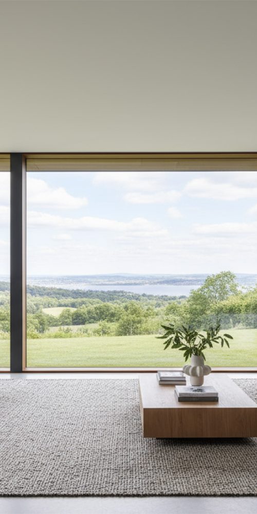 Finestre in legno su misura installate in una casa moderna con vista