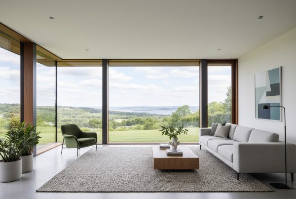 Finestre in legno su misura installate in una casa moderna con vista