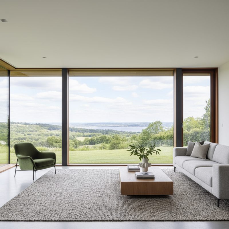 Finestre in legno su misura installate in una casa moderna con vista