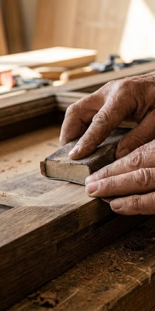 Artigiano al lavoro su una finestra in legno realizzata su misura