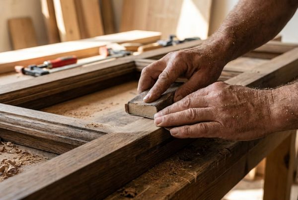 Artigiano al lavoro su una finestra in legno realizzata su misura