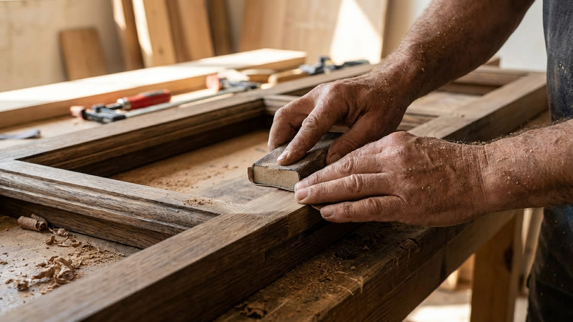 Artigiano al lavoro su una finestra in legno realizzata su misura