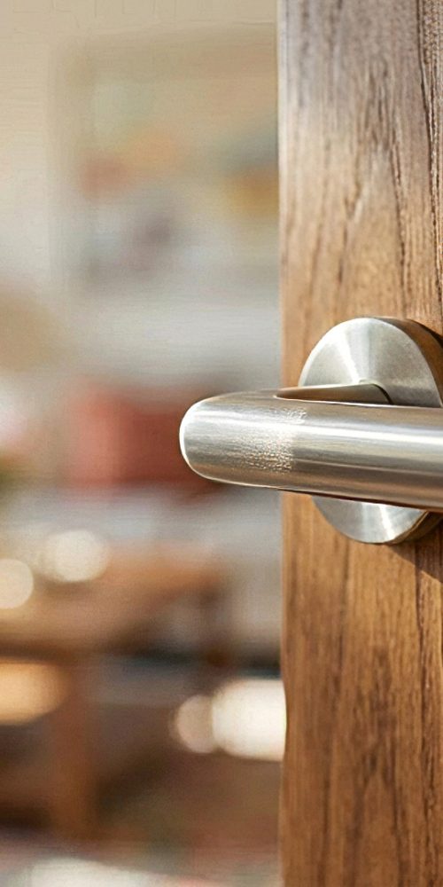 Dettaglio venatura porta interna in legno con maniglia di design