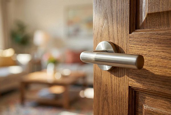 Dettaglio venatura porta interna in legno con maniglia di design