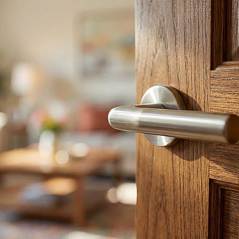 Dettaglio venatura porta interna in legno con maniglia di design