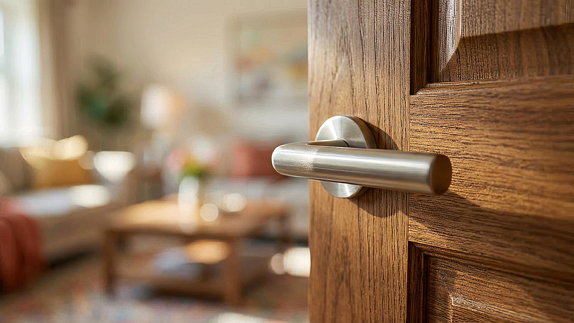 Dettaglio venatura porta interna in legno con maniglia di design