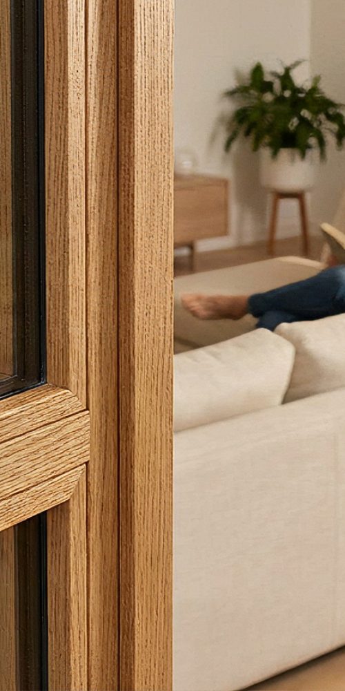 Dettaglio di infisso in legno su misura con finitura naturale di alta qualità