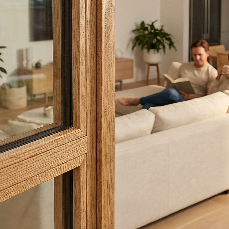 Dettaglio di infisso in legno su misura con finitura naturale di alta qualità